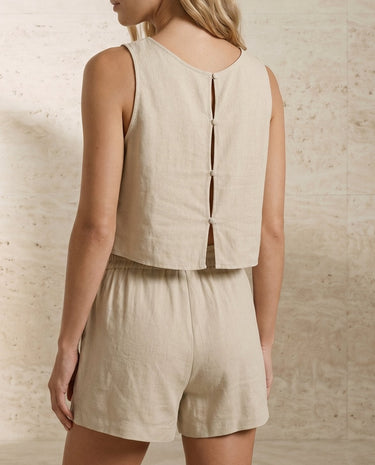 Alba Linen Blend Lounge Set in beige — crop top and shorts set, back view on model