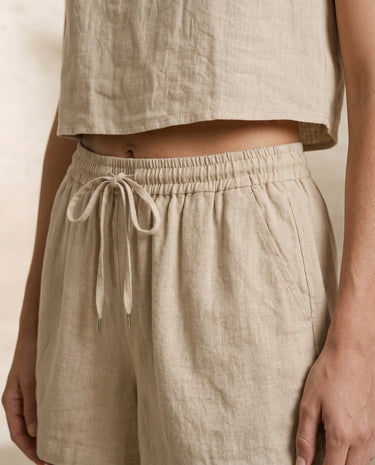 Alba Linen Blend Lounge Set in beige — close-up of drawstring shorts waistband