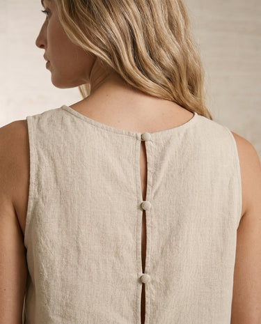 Alba Linen Blend Lounge Set in beige — close-up of crop top back button closure