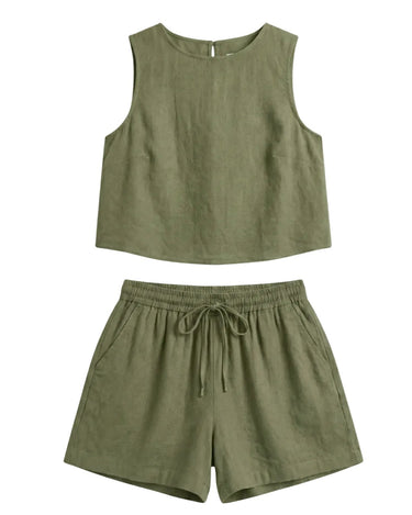 Alba Linen Blend Lounge Set in olive — sleeveless crop top and drawstring shorts two-piece, product flat-lay