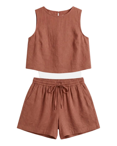 Alba Linen Blend Lounge Set in terracotta — sleeveless crop top and drawstring shorts two-piece, product flat-lay