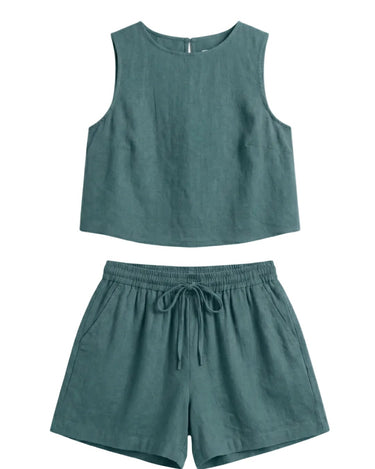 Alba Linen Blend Lounge Set in seafoam — sleeveless crop top and drawstring shorts two-piece, product flat-lay