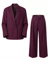 The Aliya Burgundy Blazer Set in burgundy — matching blazer and wide-leg trousers, product flat-lay