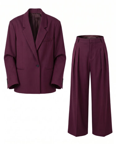 The Aliya Burgundy Blazer Set in burgundy — matching blazer and wide-leg trousers, product flat-lay