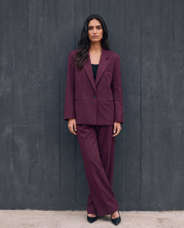 The Aliya Burgundy Blazer Set in burgundy — full suit, front view on model
