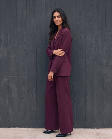 The Aliya Burgundy Blazer Set in burgundy — full suit, side view on model