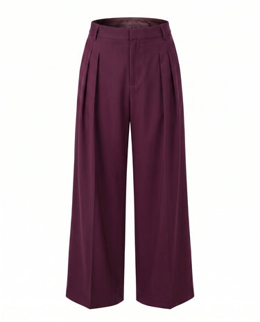 The Aliya Burgundy Blazer Set in burgundy — wide-leg tailored trousers, product flat-lay