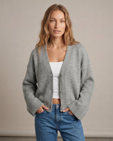 Gray knit cardigan on model, hands in pockets – Moriel Heritage