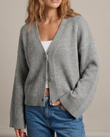 Gray knit cardigan on model, buttoned front view – Moriel Heritage