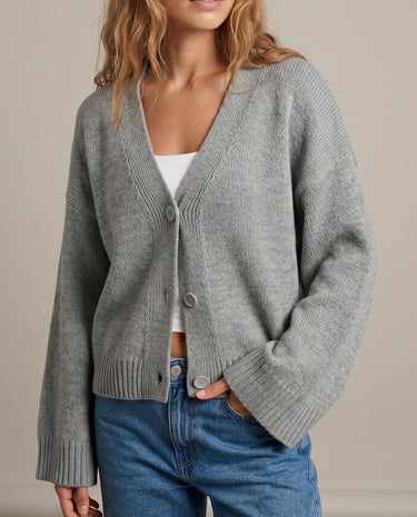 Gray knit cardigan on model, buttoned front view – Moriel Heritage