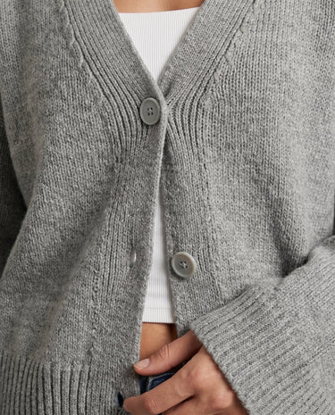 Gray knit cardigan, button and rib texture close-up – Moriel Heritage
