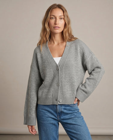 Gray knit cardigan on model, relaxed fit view – Moriel Heritage