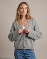 Gray knit cardigan on model, open front view – Moriel Heritage