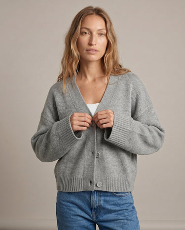 Gray knit cardigan on model, open front view – Moriel Heritage