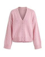 Pink chunky knit cardigan with button front – Moriel Heritage