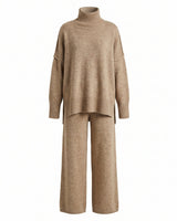 Arden Knit Lounge Set in khaki — high-neck knit sweater and wide-leg knit trousers, two-piece flat lay