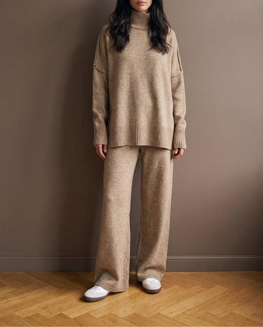 Arden Knit Lounge Set in khaki — relaxed two-piece knit set, full-length front view on model