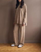 Arden Knit Lounge Set in khaki — three-quarter front view on model showing the dropped shoulders