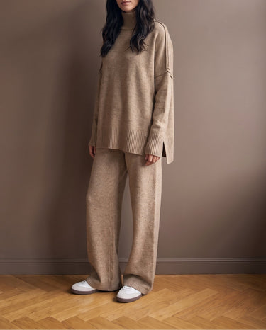 Arden Knit Lounge Set in khaki — three-quarter front view on model showing the dropped shoulders
