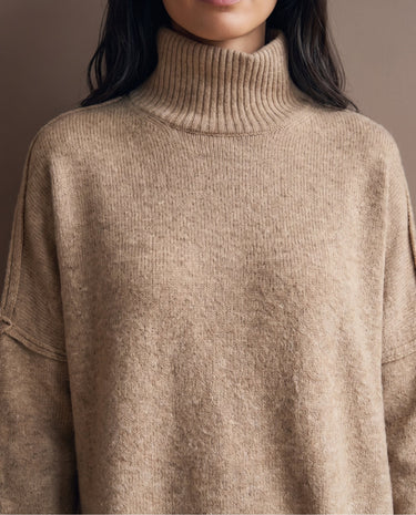 Arden Knit Lounge Set in khaki — close-up of the high neck and soft knit texture
