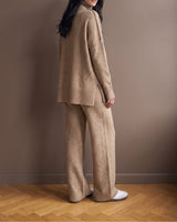 Arden Knit Lounge Set in khaki — three-quarter back view on model with wide-leg trousers