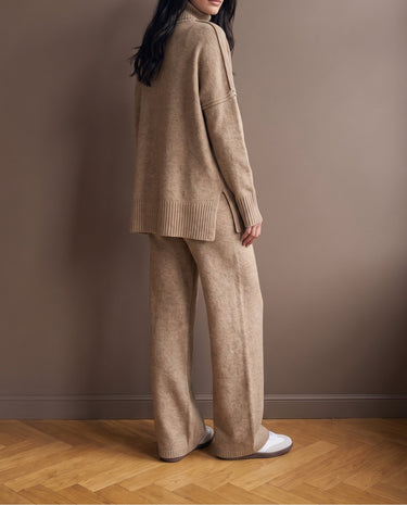 Arden Knit Lounge Set in khaki — three-quarter back view on model with wide-leg trousers