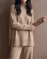 Arden Knit Lounge Set in khaki — detail of the ribbed cuff and sweater side split
