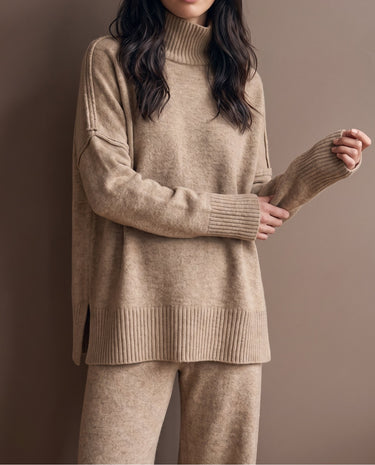 Arden Knit Lounge Set in khaki — detail of the ribbed cuff and sweater side split