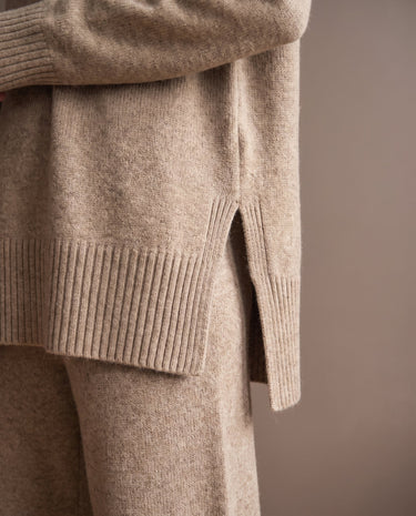 Arden Knit Lounge Set in khaki — close-up of the sweater side split and ribbed hem