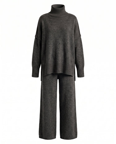 Arden Knit Lounge Set in charcoal — high-neck knit sweater and wide-leg trousers, two-piece flat lay