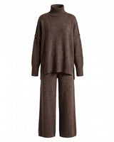 Arden Knit Lounge Set in brown — high-neck knit sweater and wide-leg trousers, two-piece flat lay