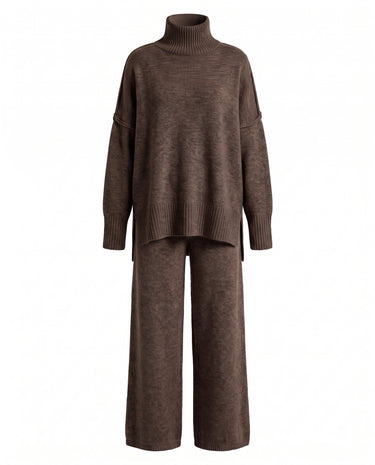 Arden Knit Lounge Set in brown — high-neck knit sweater and wide-leg trousers, two-piece flat lay