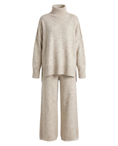 Arden Knit Lounge Set in cream — high-neck knit sweater and wide-leg trousers, two-piece flat lay