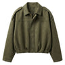 Astor Faux Suede Bomber Jacket in olive green, flat lay front view with spread collar, zip front and elasticated hem