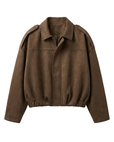Astor Faux Suede Bomber Jacket in brown, flat lay front view with spread collar and zip front