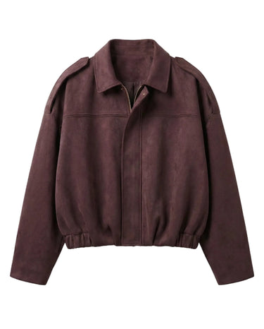 Astor Faux Suede Bomber Jacket in burgundy, flat lay front view with spread collar and zip front