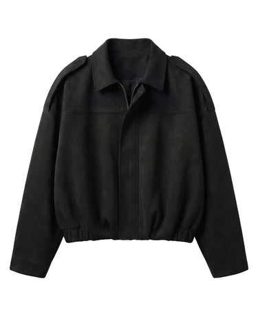 Astor Faux Suede Bomber Jacket in black, flat lay front view with spread collar and zip front