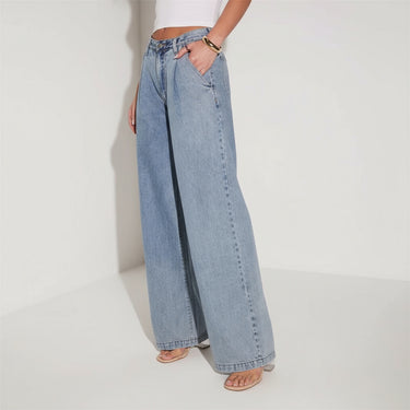 Light Denim Pleat Front Straight Leg Jeans