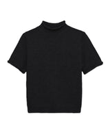 Nora Knit Tee in Black flat lay with rolled mock neck and cuffs