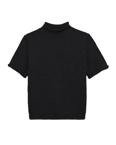 Nora Knit Tee in Black flat lay with rolled mock neck and cuffs