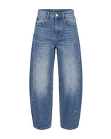 Barrel Jeans in blue — mid-rise cotton-blend denim with a curved barrel leg tapering to the ankle, flat lay
