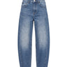 Barrel Jeans in blue — mid-rise cotton-blend denim with a curved barrel leg tapering to the ankle, flat lay
