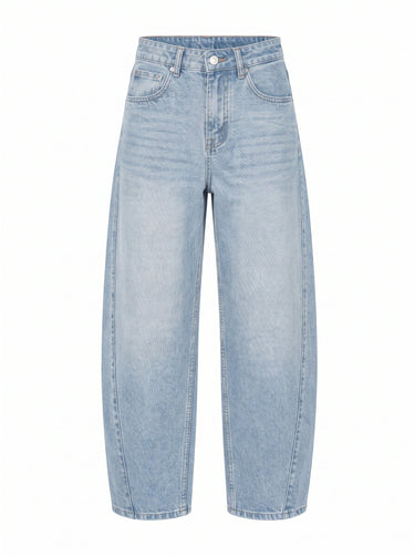 Barrel Jeans in light blue — mid-rise cotton-blend denim with a curved barrel leg tapering to the ankle, flat lay