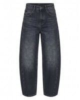 Barrel Jeans in black — mid-rise washed black cotton-blend denim with a curved barrel leg, flat lay