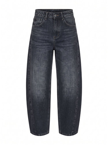 Barrel Jeans in black — mid-rise washed black cotton-blend denim with a curved barrel leg, flat lay