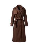 Bexley Trench Coat in brown, flat lay front view of the long double-breasted trench with storm flap and tie belt
