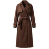 Bexley Trench Coat in brown, flat lay front view of the long double-breasted trench with storm flap and tie belt