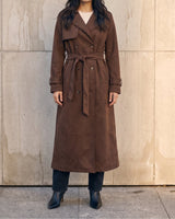 Full-length front view of the brown Bexley Trench Coat with notch lapels and double-breasted buttons