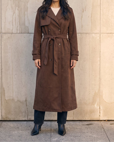 Full-length front view of the brown Bexley Trench Coat with notch lapels and double-breasted buttons