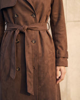 Close-up of the Bexley Trench Coat's tie belt, buttons and buckled cuff tab in brown